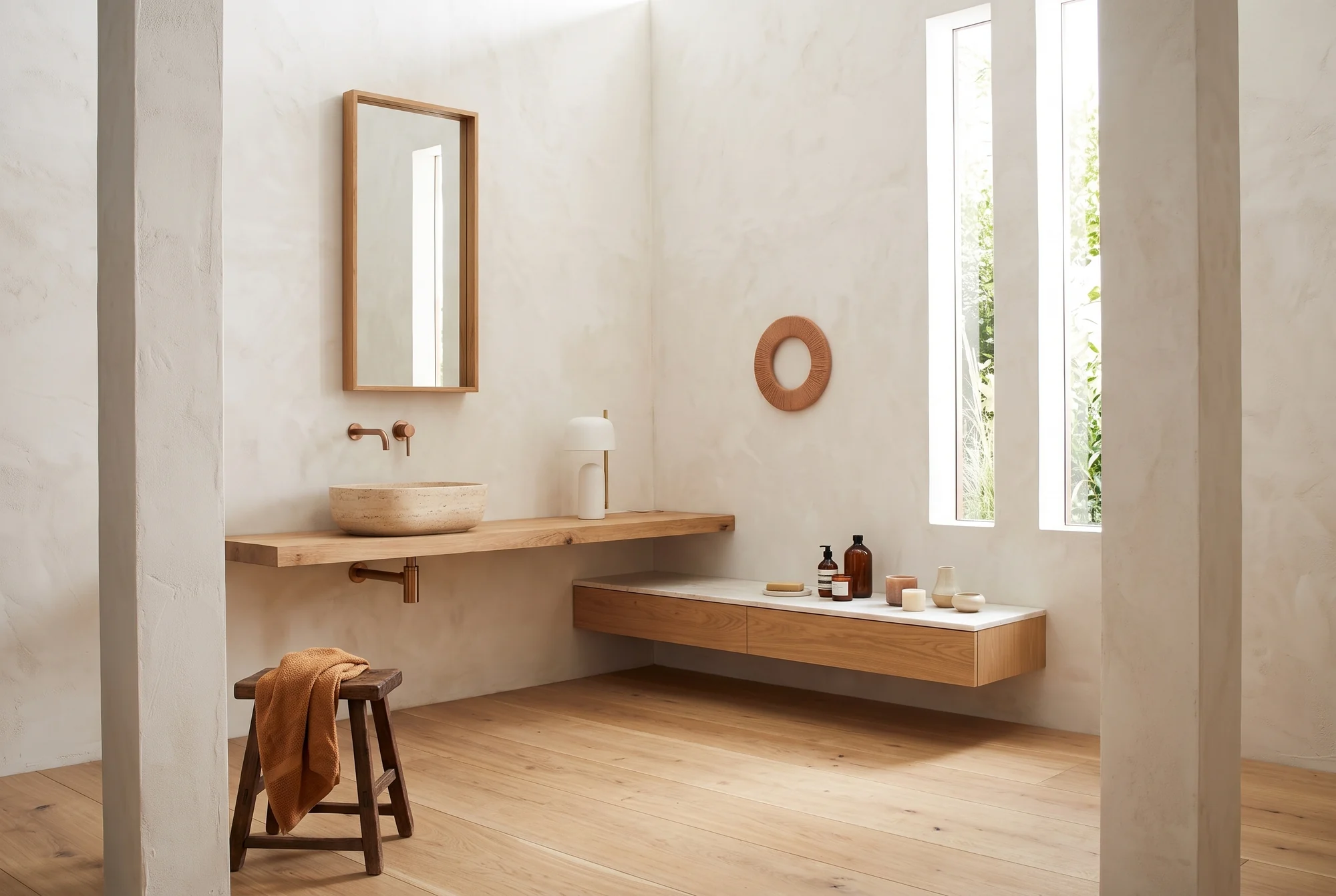 Salle de bain en enduit clair avec vasque en travertin sur tablette de chêne et grandes fenêtres